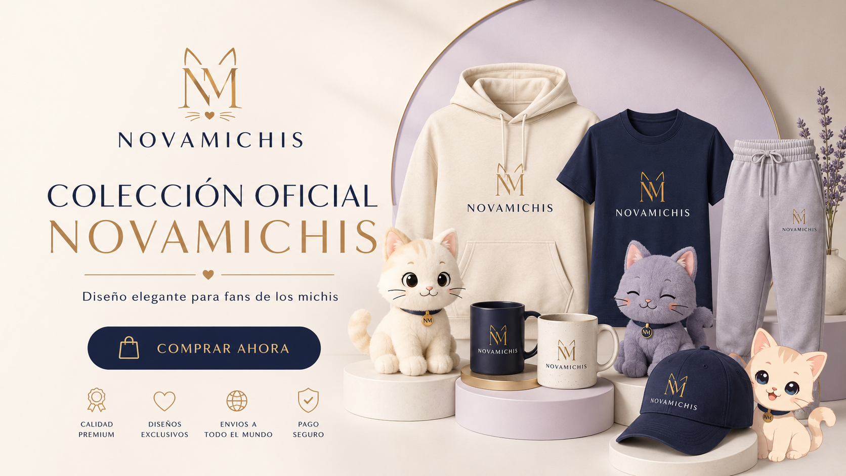 Colección oficial Nova Michis Store con ropa, peluches, gorras y accesorios