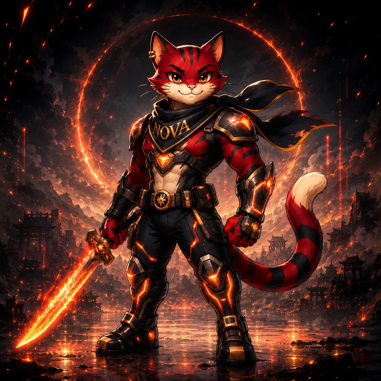NFT Nova Michi rojo con espada de fuego